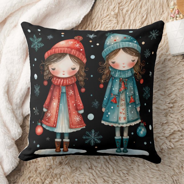 Whimsical Christmas Girls in the Snow Throw Pillow (Blanket)
