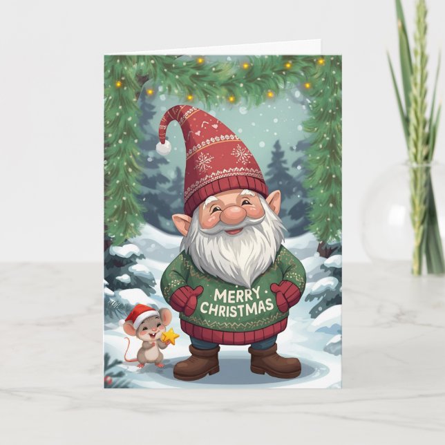 Whimsical Christmas Gnome & Mouse ⭐️ Holiday Card (Front)
