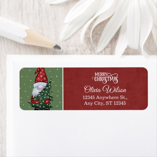 Whimsical Christmas Gnome & Tree Return Address Label (Insitu)