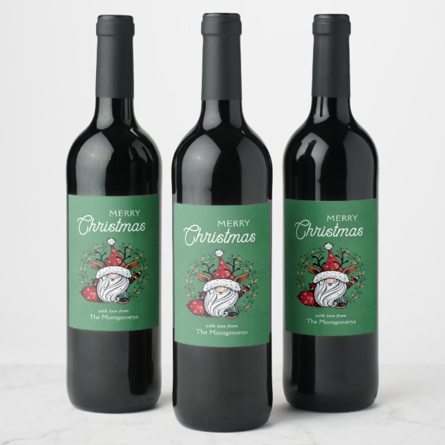 Whimsical Christmas Gnome Wine Label (Bottles)