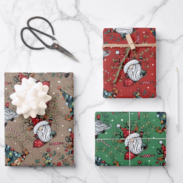 Whimsical Christmas Gnomes Wrapping Paper Sheet (Front)