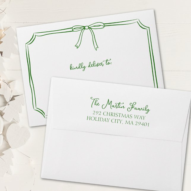 Whimsical Christmas Green Festive Bow Holiday Card Envelope (Add charm to your invitations with this elegant green bow envelope, customizable for christmas!)
