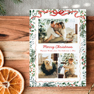 Whimsical Christmas Greenery Coquette Bow 3 Photo Holiday Card