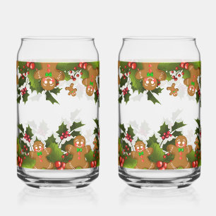 Whimsical Christmas Greenery & Gingerbread Men Can Glass