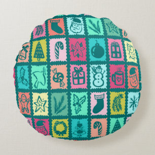 Whimsical Christmas Grid Cute Bright Holiday Round Cushion