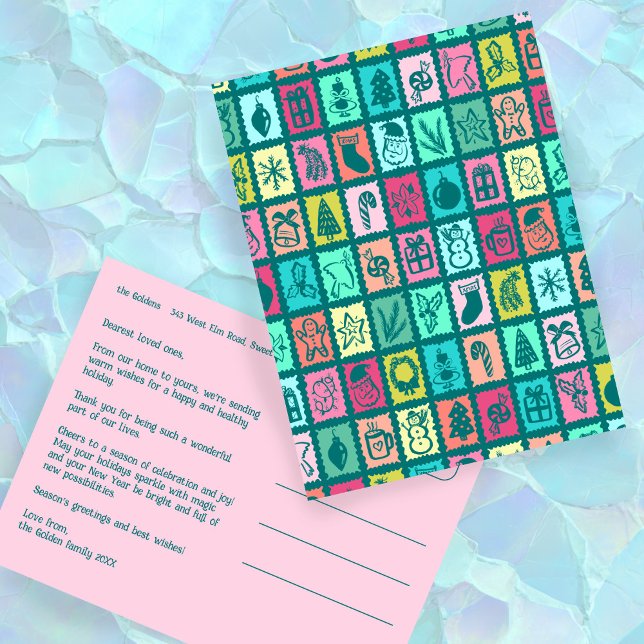 Whimsical Christmas Grid Cute Custom  Holiday Postcard (Whimsical Christmas Grid Cute Custom Non-Photo Colorful Holiday Postcard
)