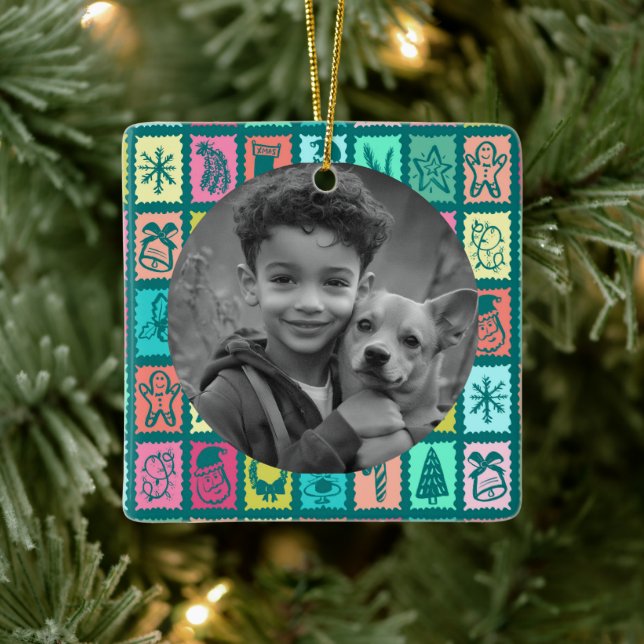 Whimsical Christmas Grid Cute Custom PHOTO Holiday Ceramic Ornament (Tree)