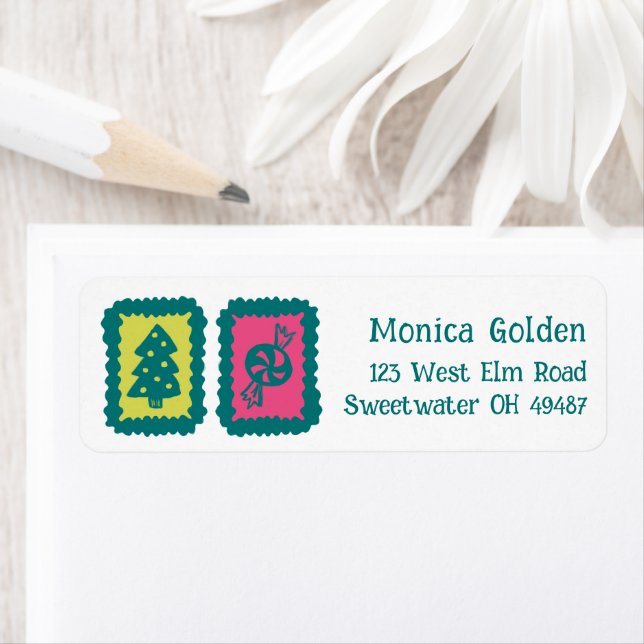 Whimsical Christmas Grid Cute Custom Return Addres Address Label (Insitu)
