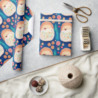 Whimsical Christmas Hedgehogs Wrapping Paper