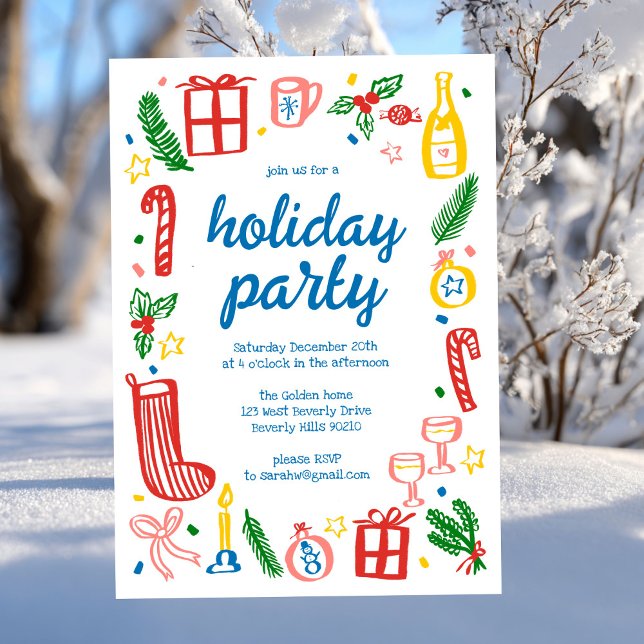 Whimsical Christmas Holiday Party Cute Custom Invitation (Whimsical Christmas Holiday Party Cute Doodle Colorful Custom Invitation
)