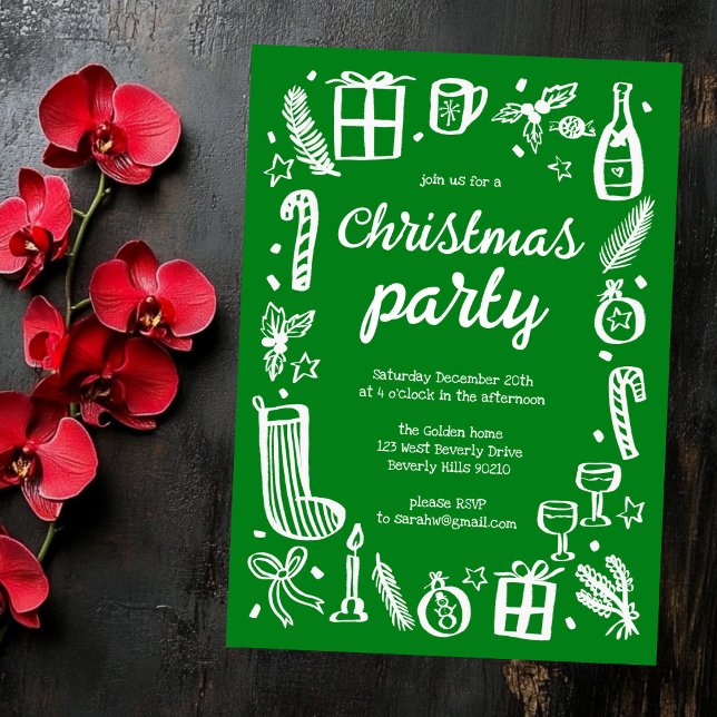 Whimsical Christmas Holiday Party Cute Custom Invitation (Whimsical Doodle Christmas Holiday Party Cute Custom Invitation Green White
)
