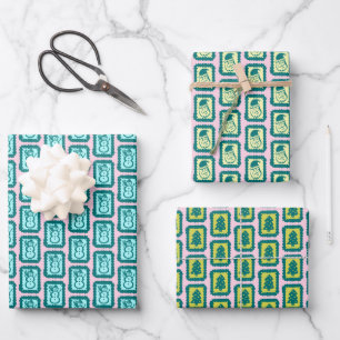 Whimsical Christmas Icon Grids Cute Bright Holiday Wrapping Paper Sheet
