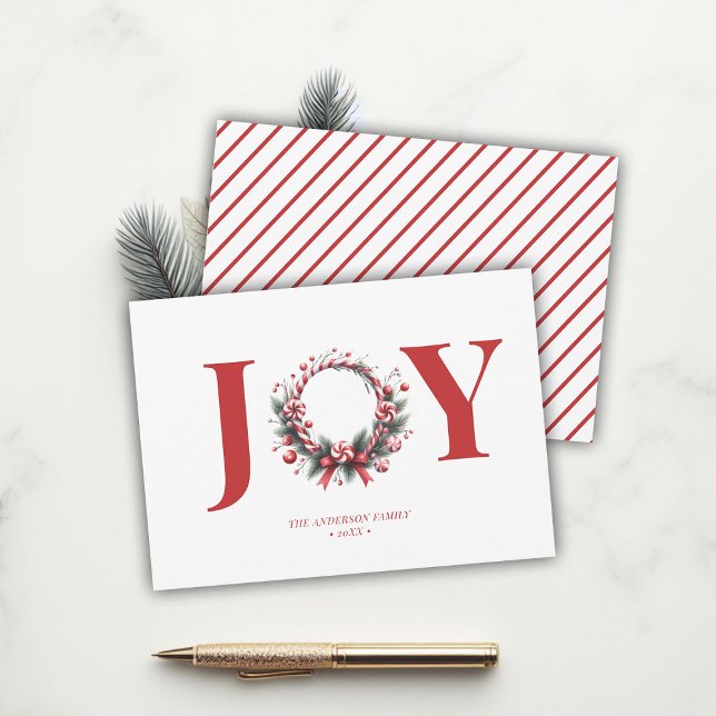 Whimsical Christmas Joy Candy Wreath Minimalist Holiday Card (joy whimsical christmas wreath holiday card candy cane foliage greenery elegant minimalist)