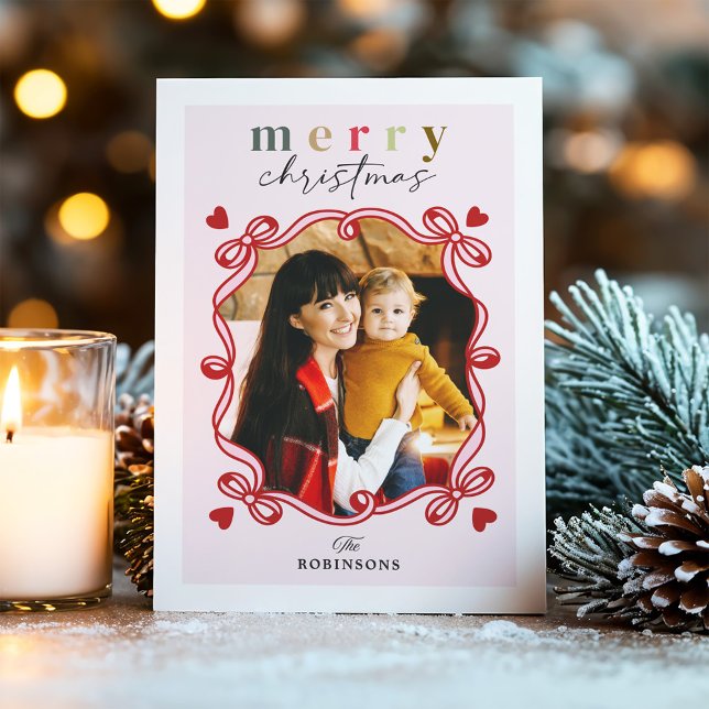 Whimsical Christmas Joy with Hearts Family Photo Holiday Card (Creator Uploaded)