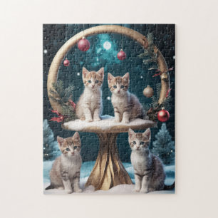 Whimsical Christmas Kittens on Gold Stand Jigsaw Puzzle