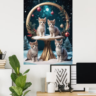 Whimsical Christmas Kittens on Gold Stand Poster