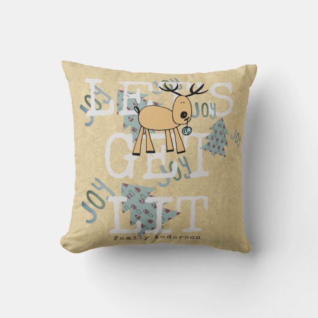 Whimsical Christmas Lets Get Lit Reindeer Decor Cushion (Front)