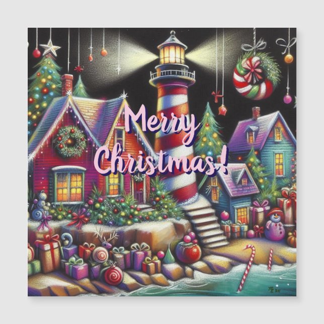 Whimsical Christmas Lighthouse Magnetic Card (Front)