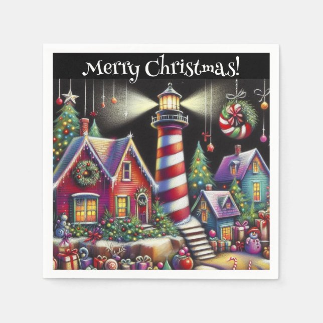 Whimsical Christmas Lighthouse Personalised Napkin (Front)