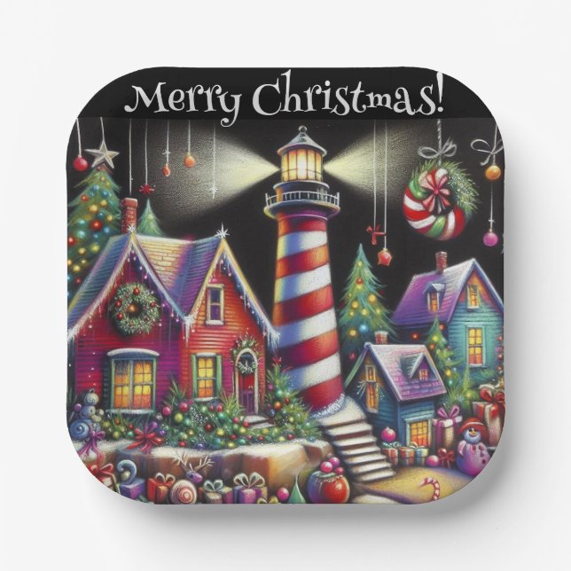 Whimsical Christmas Lighthouse Personalised Paper Plate (Front)