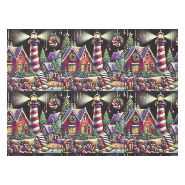 Whimsical Christmas Lighthouse Personalised Tablecloth (Front (Horizontal))