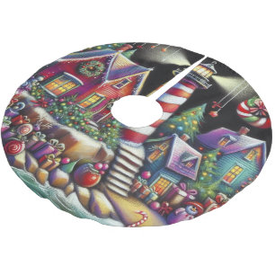 Whimsical Christmas Lighthouse Red Pink Purple  Brushed Polyester Tree Skirt