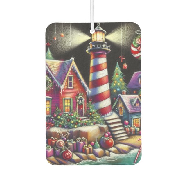 Whimsical Christmas Lighthouse Red Pink Purple  Car Air Freshener (Front)
