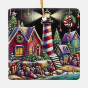 Whimsical Christmas Lighthouse Red Pink Purple  Ceramic Ornament