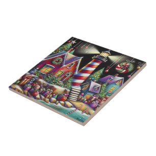 Whimsical Christmas Lighthouse Red Pink Purple Ceramic Tile