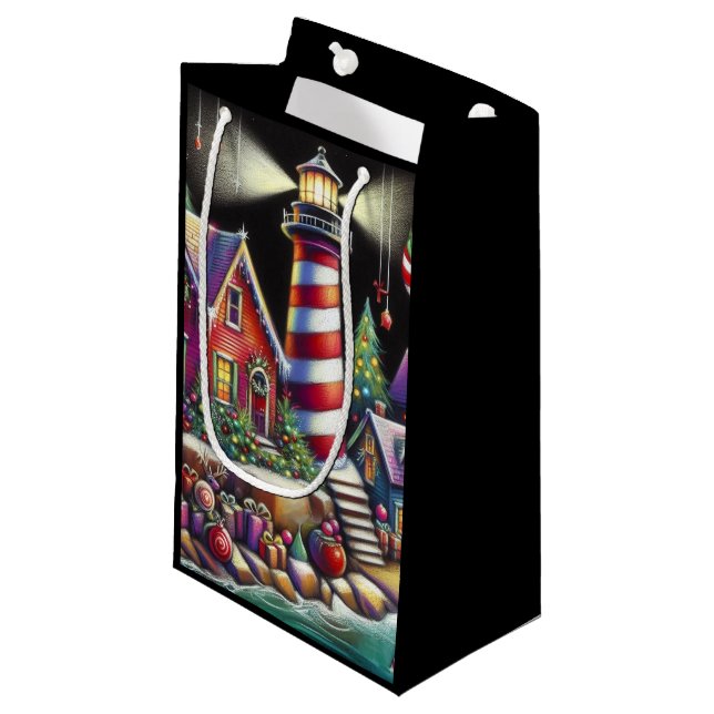Whimsical Christmas Lighthouse Red Pink Purple  Small Gift Bag (Front Angled)