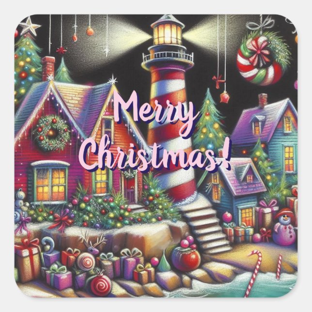 Whimsical Christmas Lighthouse Red Pink Purple  Square Sticker (Front)
