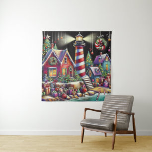 Whimsical Christmas Lighthouse Red Pink Purple Tapestry