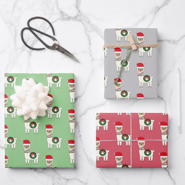 Whimsical Christmas Llamas Wrapping Paper Sheet (Front)