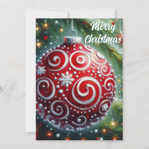 Whimsical Christmas Ornament Red White Swirls Holiday Card