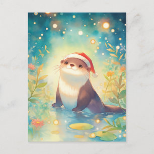 Whimsical Christmas Otter in Magical Pond Postcard