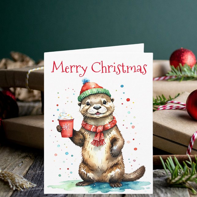 Whimsical Christmas Otter with Festive Hat  Card (Creator Uploaded)