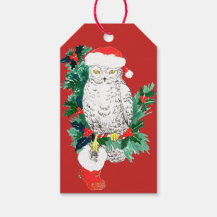 Whimsical Christmas Owl Stocking and Santa Hat Gift Tags