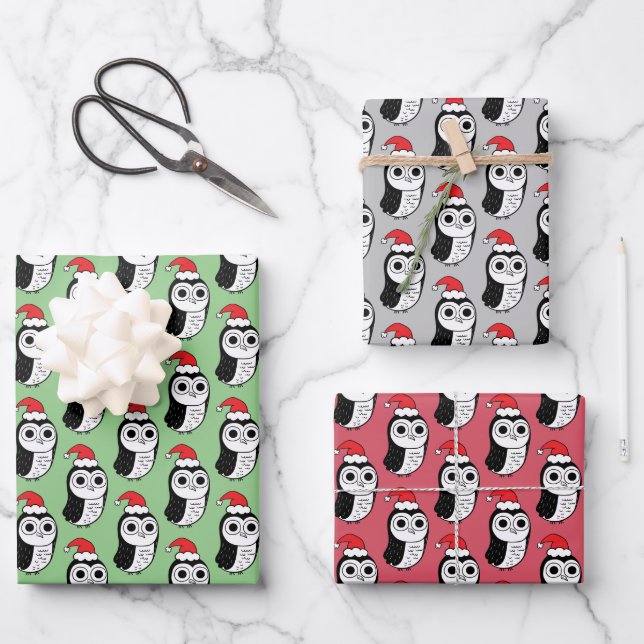 Whimsical Christmas Owls Wrapping Paper Sheet (Front)