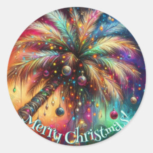 Whimsical Christmas Palm Tree Tropical Beach Vivid Classic Round Sticker