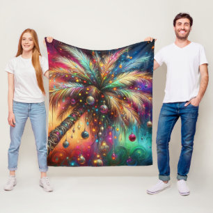 Whimsical Christmas Palm Tree Tropical Beach Vivid Fleece Blanket