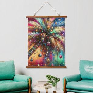 Whimsical Christmas Palm Tree Tropical Beach Vivid Hanging Tapestry