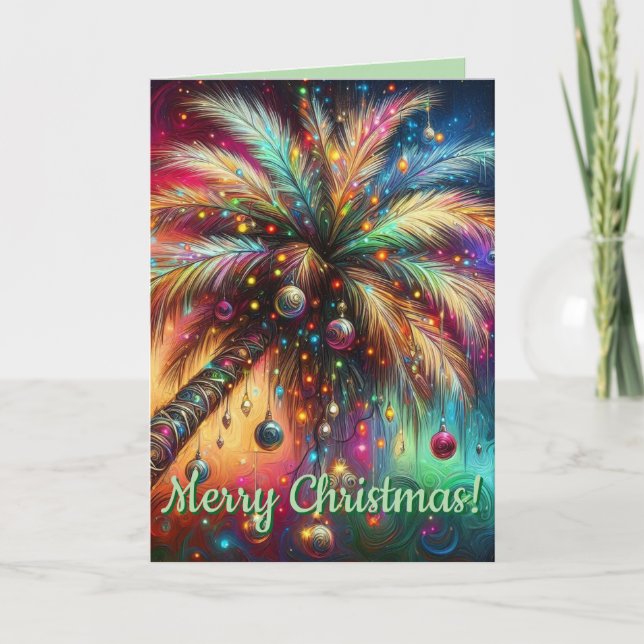 Whimsical Christmas Palm Tree Tropical Beach Vivid Holiday Card (Front)