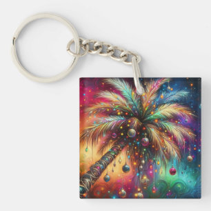 Whimsical Christmas Palm Tree Tropical Beach Vivid Key Ring