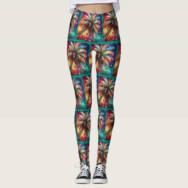 Whimsical Christmas Palm Tree Tropical Beach Vivid Leggings (Front)
