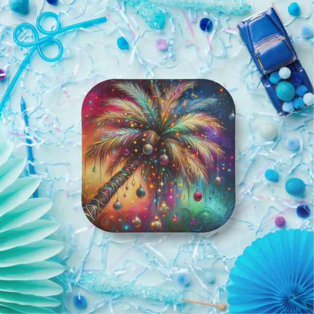 Whimsical Christmas Palm Tree Tropical Beach Vivid Paper Plate (Party)