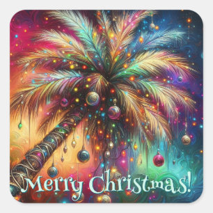 Whimsical Christmas Palm Tree Tropical Beach Vivid Square Sticker