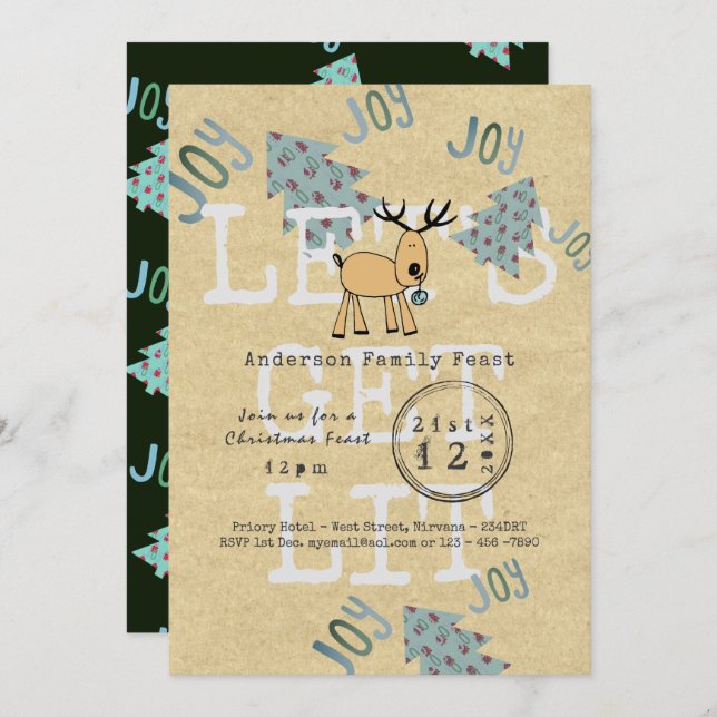 Whimsical Christmas Party Lets Get LIT Rustic Invitation (Front/Back)