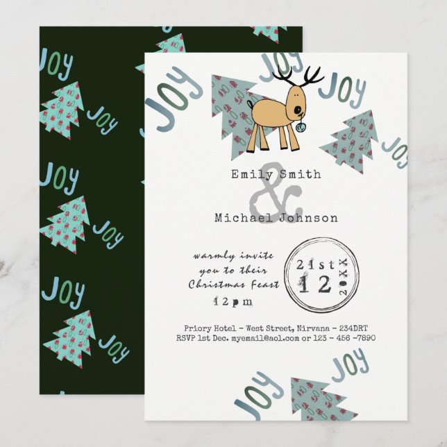 Whimsical Christmas Party Typset Cartoon Reindeer Invitation (Front/Back)