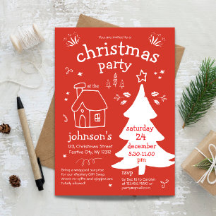 Whimsical Christmas Party with Tree and Cottage In Invitation