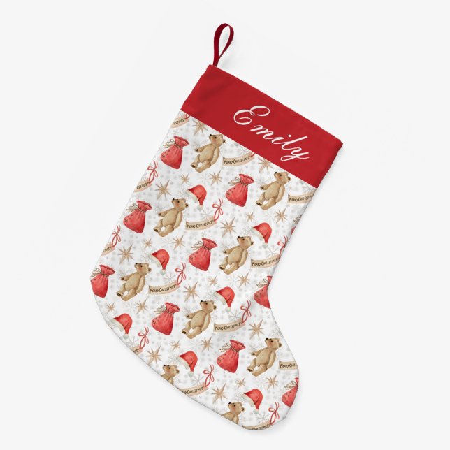 Whimsical Christmas Pattern Custom Name Small Christmas Stocking (Front (Hanging))